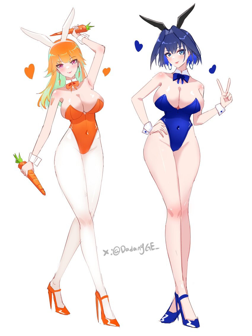 2girls absurdres alternate_costume animal_ears armpits bare_shoulders blue_bow blue_bowtie blue_eyes blue_footwear blue_hair blue_leotard blush bow bowtie breasts carrot cleavage colored_inner_hair dadangge detached_collar earrings fake_animal_ears food full_body green_hair hand_on_own_hip heart high_heels highleg highleg_leotard highres holding holding_food hololive hololive_english jewelry large_breasts leotard lipstick long_hair looking_at_viewer makeup multicolored_hair multiple_girls orange_bow orange_bowtie orange_footwear orange_hair orange_leotard ouro_kronii pantyhose pink_eyes playboy_bunny rabbit_ears short_hair sidelocks strapless strapless_leotard takanashi_kiara thighs twitter_username v virtual_youtuber white_background white_pantyhose wrist_cuffs