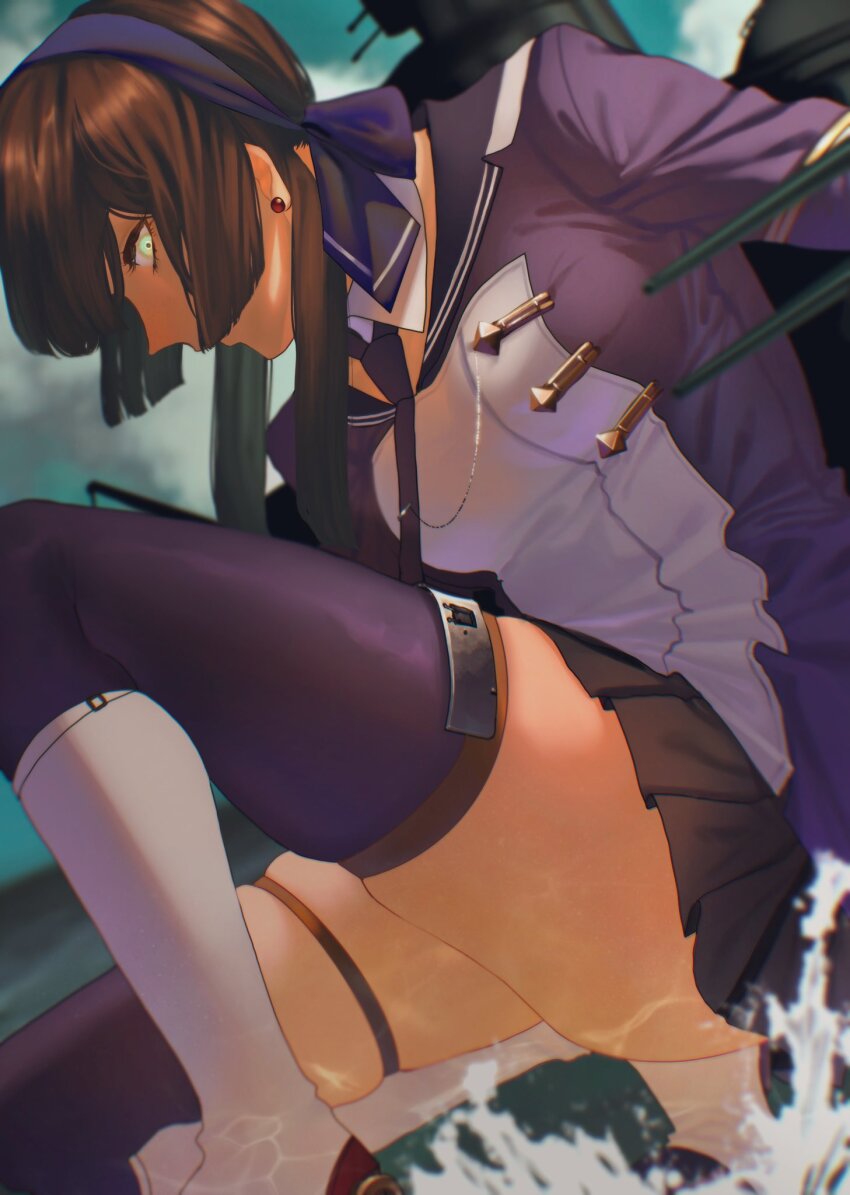 1girl blue_hairband blurry blurry_background breasts brown_hair cloud commentary_request day earrings from_side green_eyes hairband highres jacket jewelry kantai_collection looking_at_viewer medium_breasts mogador_(kancolle) necktie on_one_knee oucha_(aupt31) outdoors pleated_skirt profile rigging shoes skindentation skirt sky solo stud_earrings thigh_strap thighhighs water