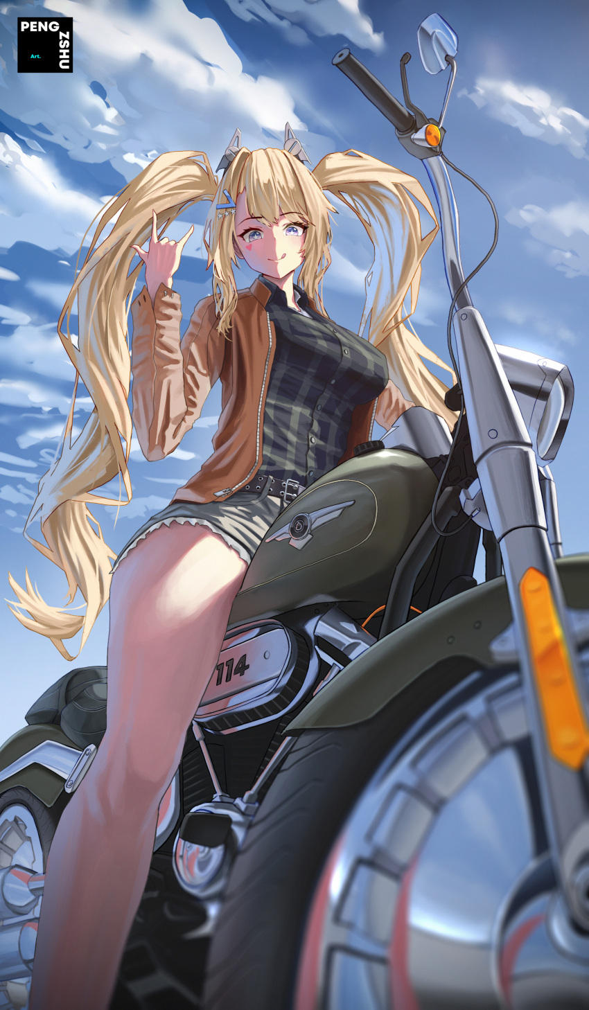 1girl absurdres artist_logo azur_lane belt black_belt blonde_hair blue_eyes blue_sky blurry blurry_foreground breasts brown_jacket cloud collared_shirt commentary day denim denim_shorts dress_shirt english_commentary facial_mark from_below guam_(azur_lane) headgear heart heart_facial_mark highres jacket large_breasts licking_lips logo looking_at_viewer motor_vehicle motorcycle open_clothes open_jacket outdoors pengzshu plaid_clothes plaid_shirt shirt shirt_tucked_in short_shorts shorts sidelocks sitting sky smile star-shaped_pupils star_(symbol) symbol-shaped_pupils thighs tongue tongue_out twintails unused_tire w