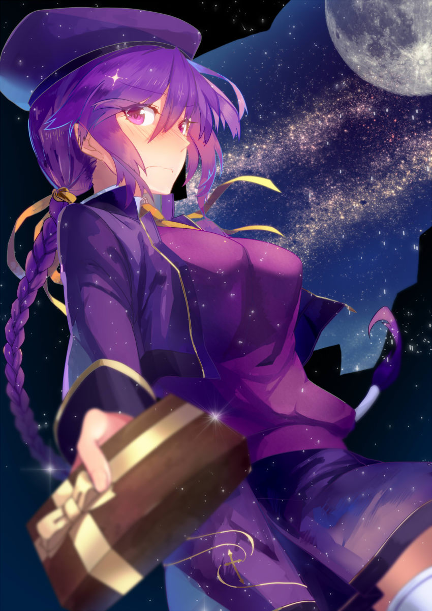 00s 1girl alternate_costume bad_id bad_pixiv_id beret blush box braid breasts cropped_jacket eltnum_(under_night_in-birth) eyelashes female_focus full-face_blush full_moon gift gift_box hair_ribbon hat highres incoming_gift large_breasts long_hair looking_at_viewer low-tied_long_hair melty_blood moon purple_eyes purple_hair ribbon single_braid sion_eltnam_atlasia sky smile solo star_(sky) starry_sky sweater thighhighs tsukihime under_night_in-birth valentine very_long_hair white_thighhighs yusano zettai_ryouiki