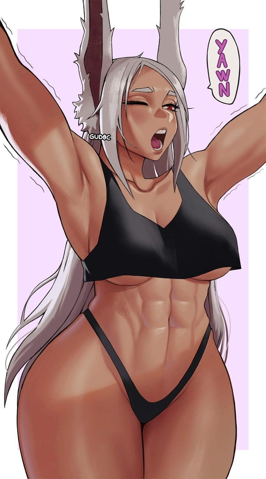 1girl ;o abs animal_ears armpits arms_up bare_shoulders black_panties black_tank_top boku_no_hero_academia border breasts cleavage collarbone commentary cropped_shirt dark-skinned_female dark_skin english_commentary gud0c highleg highleg_panties highres large_breasts long_eyelashes long_hair messy_hair mirko navel one_eye_closed open_mouth panties parted_bangs pink_background rabbit_ears rabbit_girl red_eyes skindentation solo speech_bubble stomach stretching tank_top teeth thick_thighs thighs toned toned_female underboob underwear very_long_hair waking_up white_border white_hair yawning