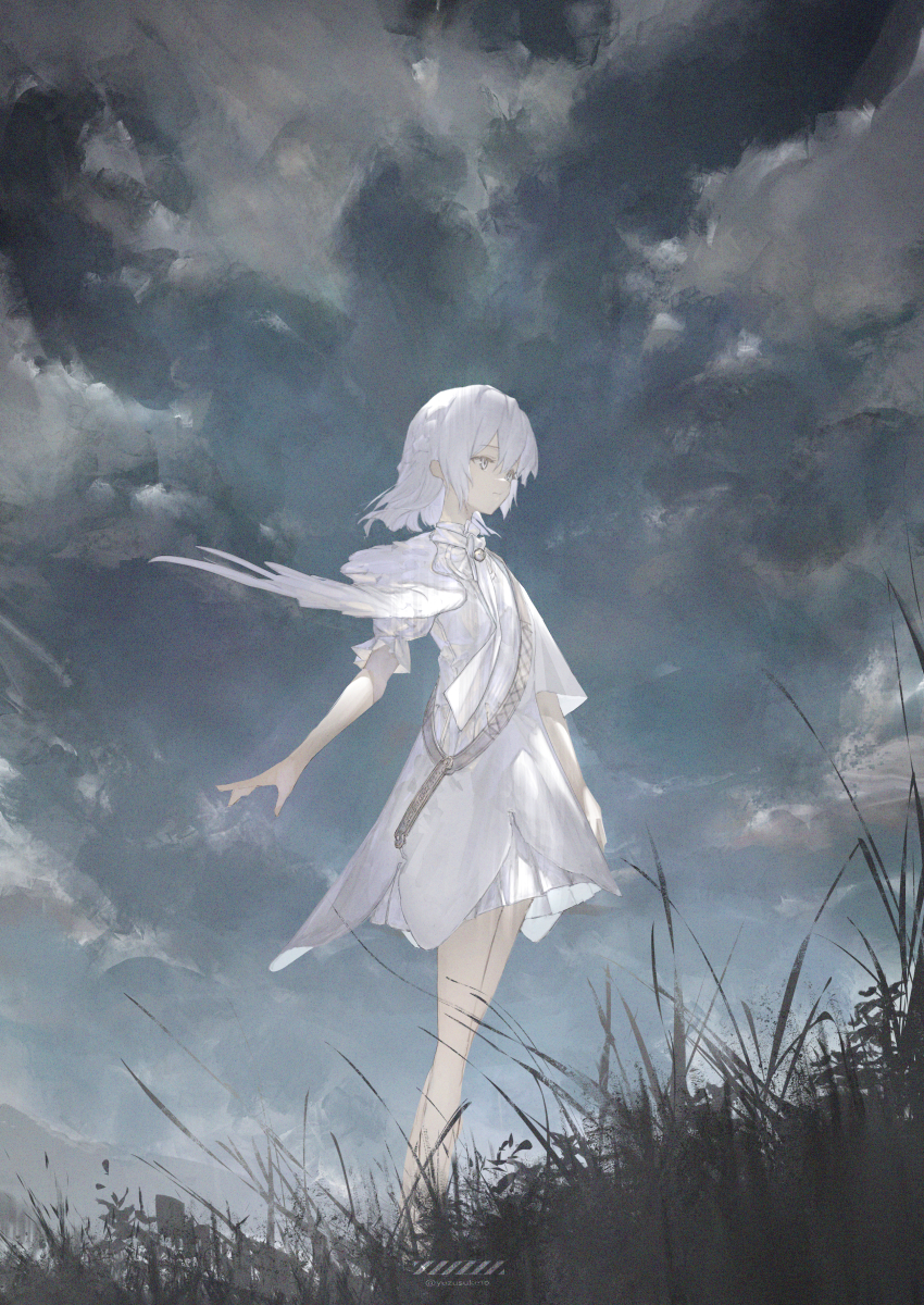 1girl absurdres closed_mouth cloud cloudy_sky dress grass grey_eyes highres medium_hair original outdoors overcast short_sleeves sky solo standing white_dress white_hair yuzu_(yuzusuke10)