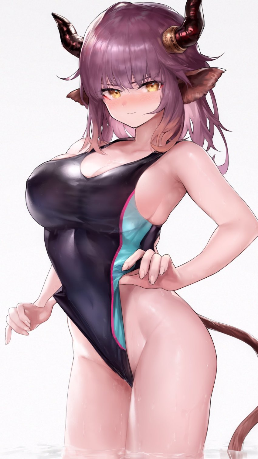 1girl animal_ears arknights bare_arms bare_shoulders black_one-piece_swimsuit blush breasts closed_mouth clothes_lift commentary_request commission competition_swimsuit cow_ears cow_girl cow_horns cow_tail cowboy_shot groin highres horns ink. large_breasts lifting_own_clothes long_hair looking_at_viewer one-piece_swimsuit purple_eyes sideroca_(arknights) simple_background skeb_commission solo standing swimsuit swimsuit_lift tail wedgie wet white_background yellow_eyes