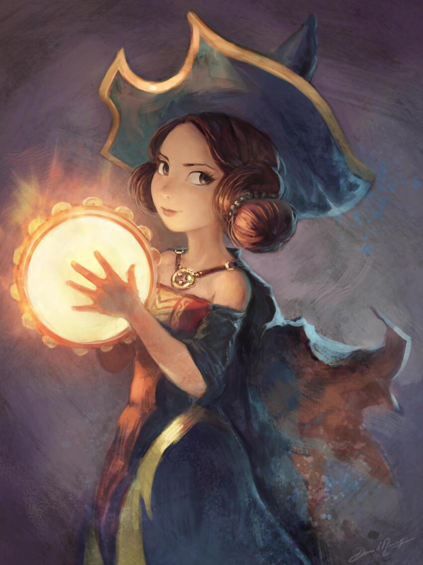 1girl bare_shoulders black_cloak brown_hair cloak commentary david_revoy detached_sleeves dress english_commentary highres holding holding_instrument instrument krita_(medium) looking_at_viewer original pointy_hat red_dress sleeveless solo tambourine