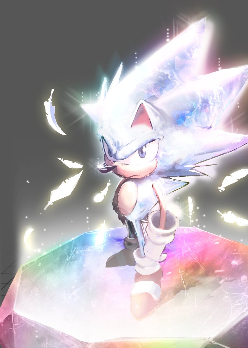 1boy absurdres blue_eyes chaos_emerald cmihaii feathers gloves grey_background highres hyper_sonic looking_at_viewer red_footwear solo sonic_(series) sonic_the_hedgehog white_gloves