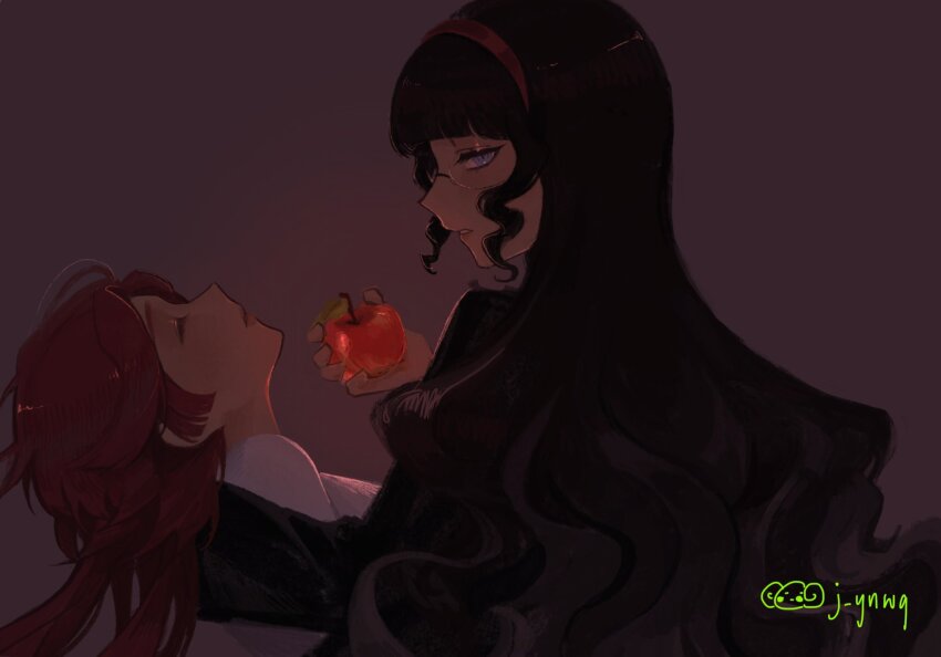 2girls apple artist_name black_hair black_jacket blue_eyes brown_background closed_eyes commentary diana_venecia english_commentary eva_tsunaka food fruit glasses hairband highres holding holding_food holding_fruit j_ynwq jacket long_hair long_sleeves looking_at_viewer multiple_girls project:_eden&#039;s_garden red_hair red_hairband shirt sidelocks simple_background very_long_hair wavy_sidelocks white_shirt