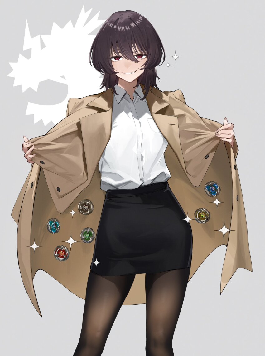 1girl black_hair black_skirt character_request coat coat_stash commentary_request copyright_request highres looking_at_viewer open_clothes open_coat pantyhose pencil_skirt red_eyes shirt skirt smile solo ushiwaka white_shirt