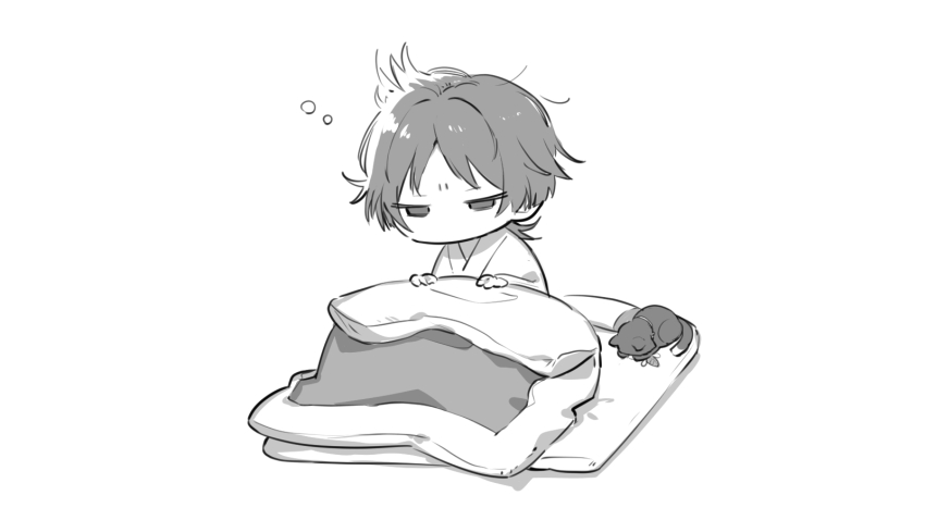 1boy alternate_costume animalization blanket buku2_suisou cat chibi chibi_only faceplant furrowed_brow futon genshin_impact getting_up greyscale half-closed_eyes highres holding holding_blanket long_sleeves male_focus messy_hair monochrome no_headwear no_mouth no_nose pajamas person_and_animalization pillow robe scaramouche_(cat)_(genshin_impact) scaramouche_(genshin_impact) shade short_hair simple_background sitting sketch solo squeans three_quarter_view two-handed under_covers wanderer_(genshin_impact) white_background