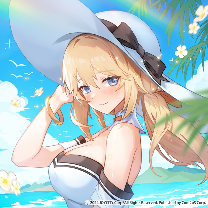 1girl apple_caramel arm_behind_head arm_up bangle bare_shoulders black_bow blonde_hair blue_eyes blue_sky blush bow bracelet breasts character_request cleavage closed_mouth cloud commentary_request day dress flower from_side hair_between_eyes hat hat_bow highres jewelry korean_commentary long_hair medium_breasts official_art outdoors sky smile solo starseed:_asnia_trigger strapless strapless_dress sun_hat water white_dress white_flower white_hat