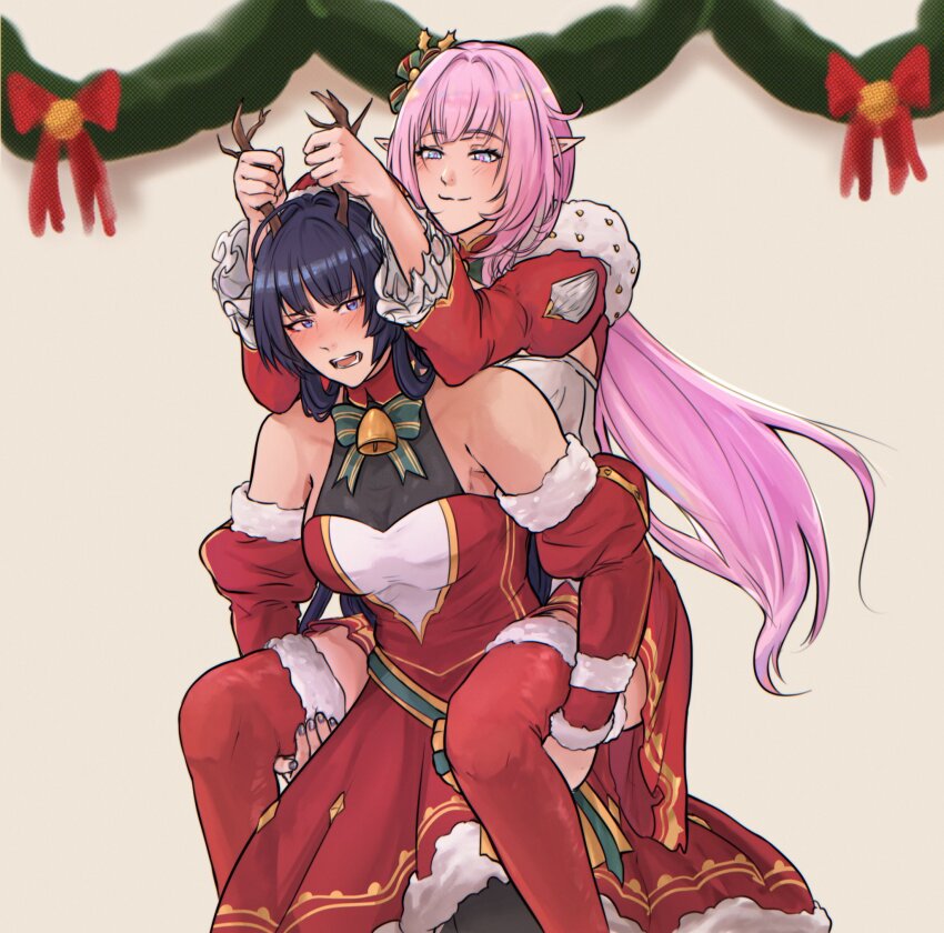 2girls bare_shoulders bell blue_eyes blush breasts carrying christmas cleavage commentary dress elf elysia_(honkai_impact) english_commentary fake_antlers farcicalhelix highres honkai_(series) honkai_impact_3rd large_breasts long_hair multiple_girls neck_bell piggyback pink_hair pointy_ears purple_eyes purple_hair raiden_mei red_dress red_thighhighs santa_dress see-through_cleavage see-through_clothes smile thighhighs thighs yuri