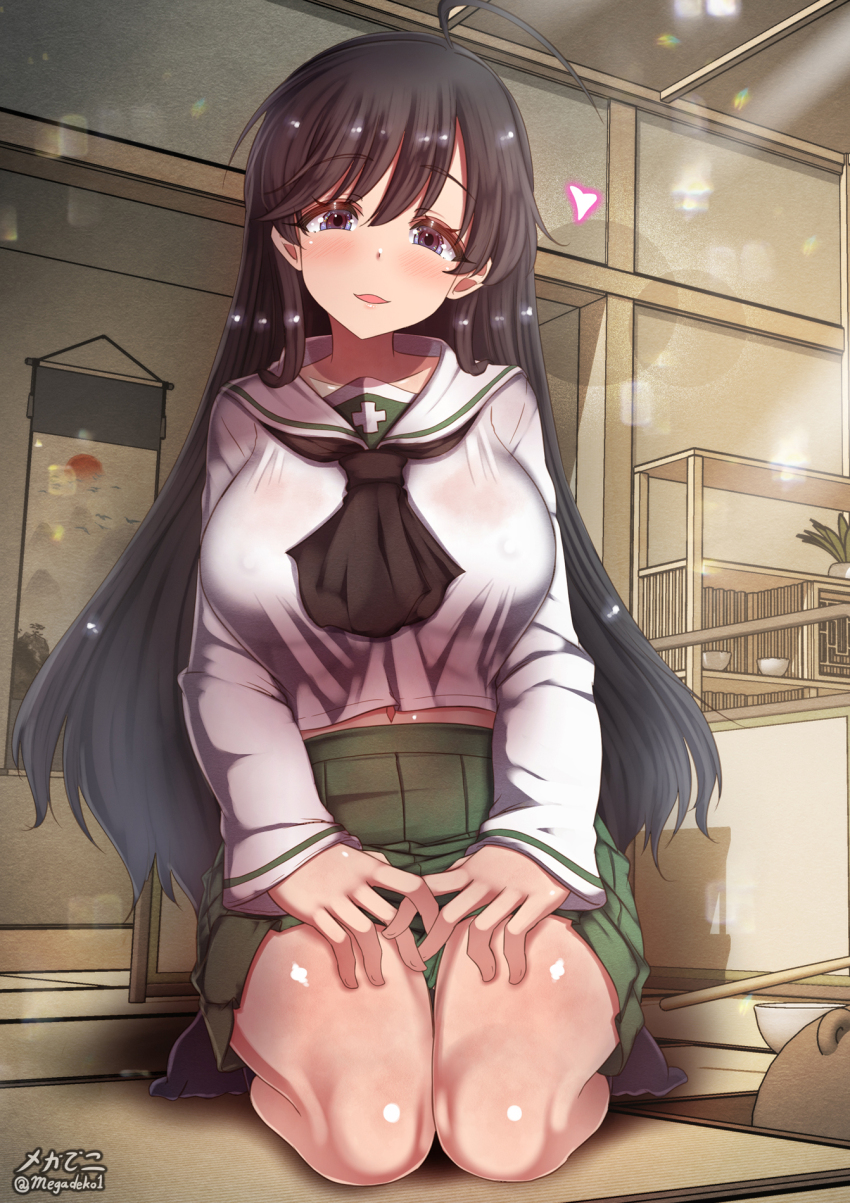 1girl ahoge black_hair blue_eyes blush breasts covered_erect_nipples girls_und_panzer highres indoors isuzu_hana large_breasts long_hair looking_at_viewer megadeko navel ooarai_school_uniform open_mouth school_uniform sitting smile solo