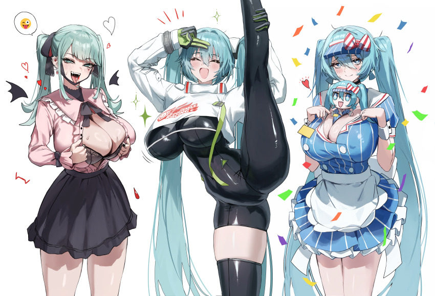 +_+ 3girls :d absurdres alternate_breast_size apron aqua_eyes aqua_hair arms_up asymmetrical_bodysuit between_breasts black_bodysuit black_bra black_choker black_gloves black_nails black_skirt blue_dress blue_eyes blue_hair blush bodysuit boots bra breasts bright_pupils character_doll choker cleavage closed_mouth commentary covered_erect_nipples cropped_jacket dotthebot double-parted_bangs dress ear_piercing earrings english_commentary facing_viewer fangs feet_out_of_frame flexible frilled_apron frilled_dress frills furrowed_brow gloves goodsmile_racing green_gloves hair_between_eyes hand_on_own_leg hands_up hatsune_miku heart highres huge_breasts jacket jewelry jirai_kei large_breasts leg_lift leg_up long_hair long_sleeves looking_at_viewer mask mask_pull mesmerizer_(vocaloid) mouth_mask multiple_girls open_clothes open_mouth open_shirt piercing pink_shirt pinstripe_dress pinstripe_hat pinstripe_pattern puffy_short_sleeves puffy_sleeves racing_miku racing_miku_(2022) ring salute shirt short_sleeves simple_background single_thigh_boot skindentation skirt smile sparkle split split_mouth spoken_emoji standing standing_on_one_leg standing_split sweat thigh_boots thighs tongue tongue_out tongue_piercing twintails two-finger_salute two-tone_gloves underwear vampire vampire_(vocaloid) very_long_hair visor_cap vocaloid waist_apron white_apron white_background white_jacket white_pupils white_wrist_cuffs wrist_cuffs