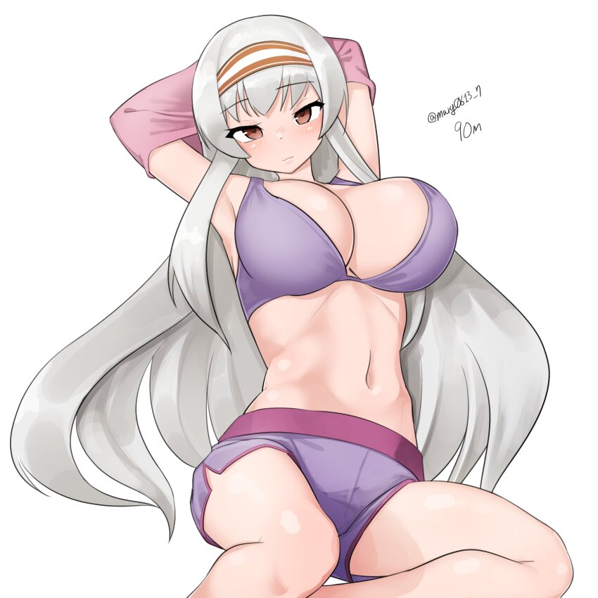 1girl absurdres alternate_costume armpits arms_behind_head bikini breasts brown_eyes cleavage grey_hair highres kantai_collection large_breasts long_hair maru_(marg0613) navel one-hour_drawing_challenge pink_shirt purple_bikini purple_shorts shirt shorts shoukaku_(kancolle) simple_background sitting smile solo swimsuit undressing unworn_shirt white_background