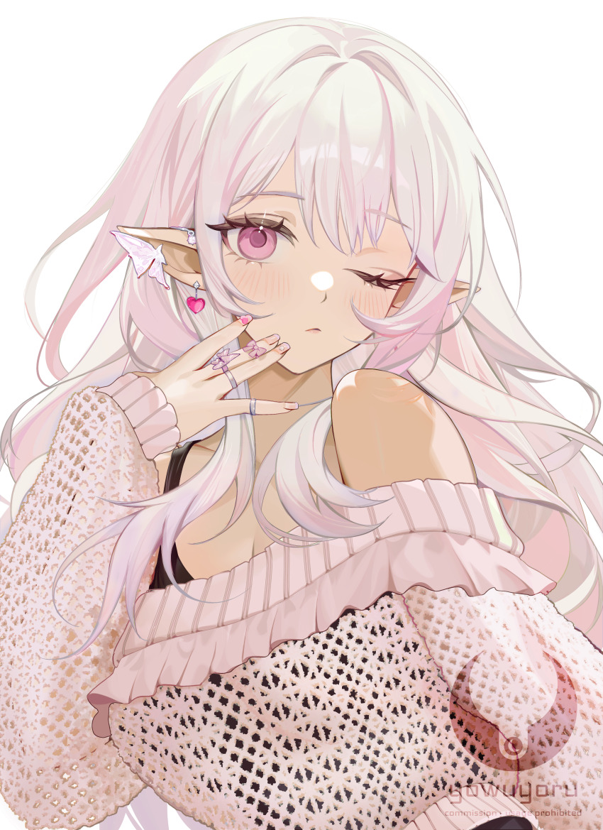 1girl absurdres closed_mouth commentary commission elf highres long_hair looking_at_viewer one_eye_closed original pink_eyes pink_hair pointy_ears single_bare_shoulder white_background yoru_(yowuyoru)