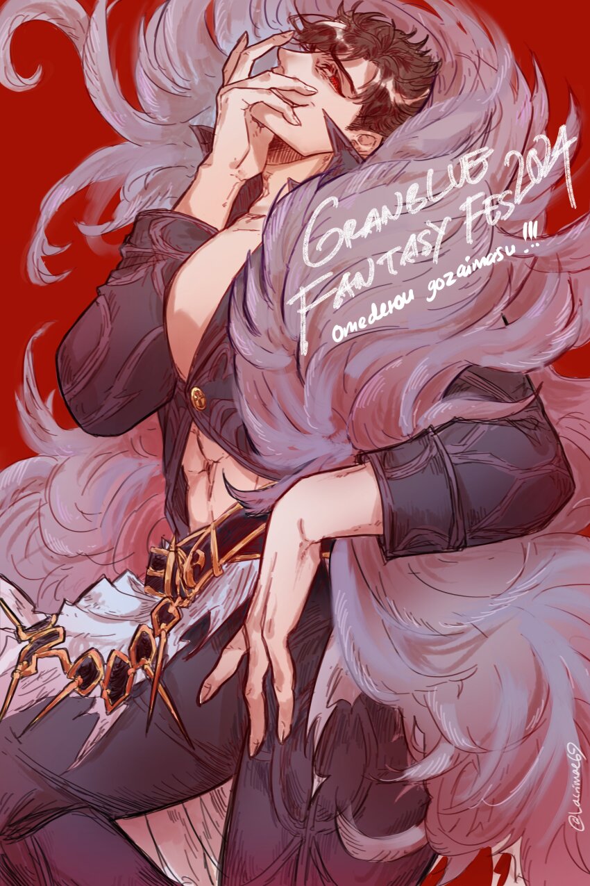 1boy absurdres belial_(granblue_fantasy) black_hair black_shirt feather_boa granblue_fantasy highres jacket lacrimae69 looking_at_viewer male_focus multiple_boys pectoral_cleavage pectorals red_background red_eyes shirt short_hair simple_background smile solo toned toned_male