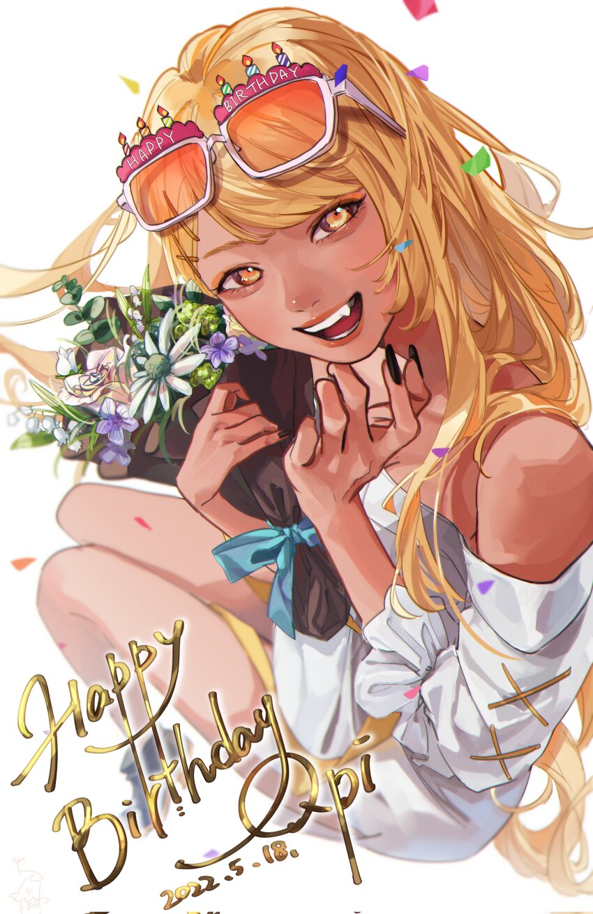 1girl absurdres bare_shoulders black_footwear black_nails blonde_hair bouquet confetti dark-skinned_female dark_skin dated dress eyewear_on_head fang flower from_above gyaru hair_ornament hairpin happy_birthday highres holding holding_bouquet kaminari_qpi long_hair looking_at_viewer off-shoulder_dress off_shoulder open_mouth orange_eyes parted_bangs short_dress solo sunglasses tan virtual_youtuber vspo! white_background white_dress x_hair_ornament zoramaruta