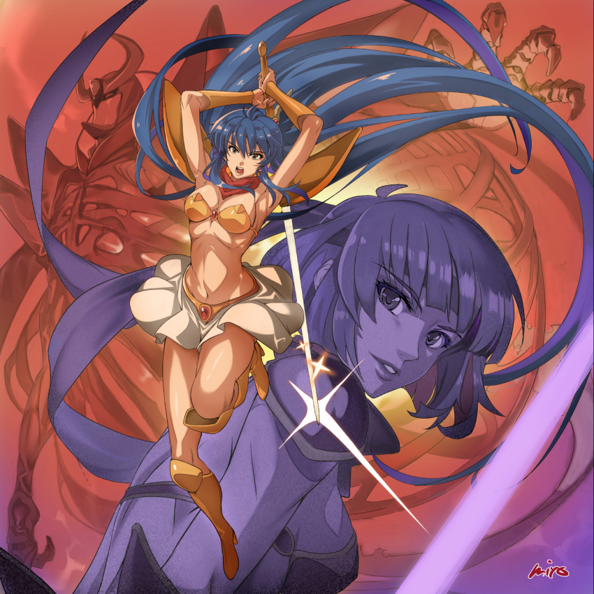 2girls armor arms_up asou_yuuko bandana bikini_armor blue_hair breasts character_request claws commentary_request gold_armor highres holding holding_sword holding_weapon incoming_attack kirishima_reiko lips long_hair medium_breasts miyo_(13th_floor) mugen_senshi_valis multiple_girls open_mouth red_bandana short_hair skirt sword thighs vambraces very_long_hair weapon white_skirt