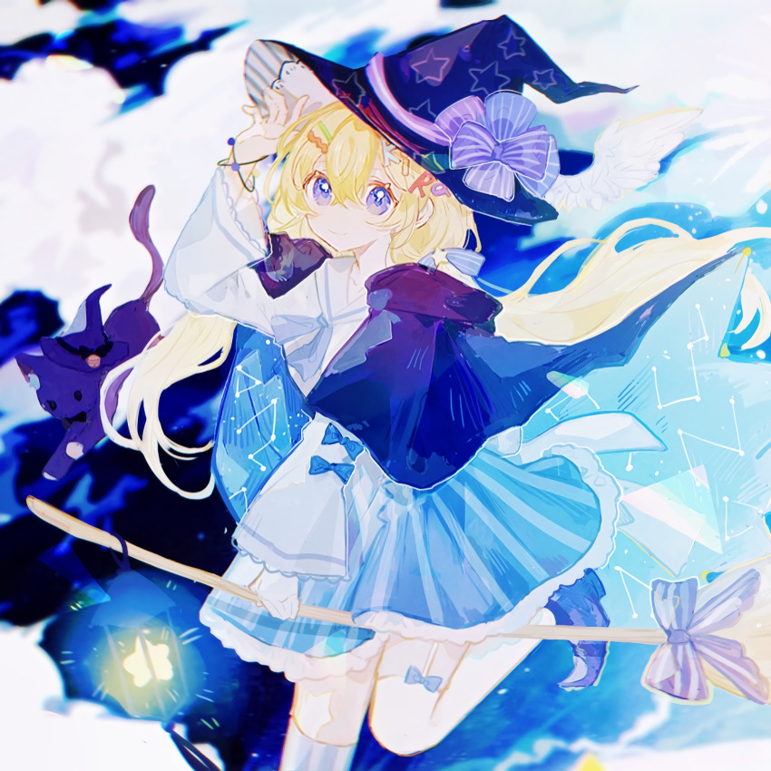 1girl ameru_nya bad_link black_cat blonde_hair blue_eyes blue_footwear blue_skirt bow bracelet broom broom_riding cape cat closed_mouth constellation constellation_print garter_straps hair_between_eyes hair_ornament hairclip hand_on_headwear hat hat_bow highres holding holding_broom jewelry lantern long_hair long_sleeves looking_at_viewer low_twintails original purple_eyes ribbon shirt shoes skirt smile solo star_(symbol) striped_clothes striped_skirt striped_thighhighs thighhighs twintails vertical-striped_clothes vertical-striped_skirt vertical-striped_thighhighs white_shirt white_thighhighs witch witch_hat