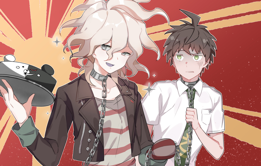 2boys ahoge black_jacket breast_pocket brown_hair cake chain collar collared_shirt commentary_request cropped_jacket danganronpa_(series) danganronpa_2:_goodbye_despair food green_eyes green_neckwear grey_eyes grey_hair highres hinata_hajime holding holding_chain holding_tray jacket komaeda_nagito long_sleeves looking_at_viewer male_focus messy_hair metal_collar midou_(grk12138) monokuma multiple_boys necktie open_mouth orange_background pocket red_background shaded_face shirt short_sleeves smile striped_clothes striped_shirt tray upper_body white_shirt