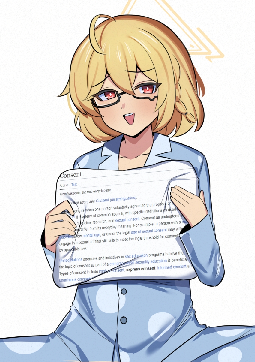 1girl absurdres alternate_costume blonde_hair blue_archive commission english_text glasses halo highres hugging_object iog626 kotori_(blue_archive) looking_at_viewer open_mouth pajamas pillow red_eyes short_hair simple_background white_background wikipedia yellow_halo