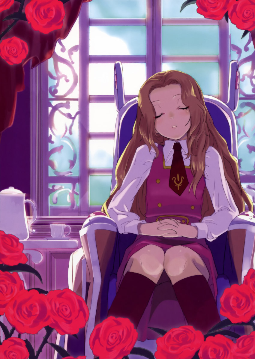 00s 1girl absurdres black_socks brown_hair closed_eyes code_geass cup dress female_focus flower head_tilt highres kneehighs long_hair ma@ya necktie nunnally_vi_britannia own_hands_clasped own_hands_together parted_lips rose sitting sleeping sleeping_upright socks solo teacup window