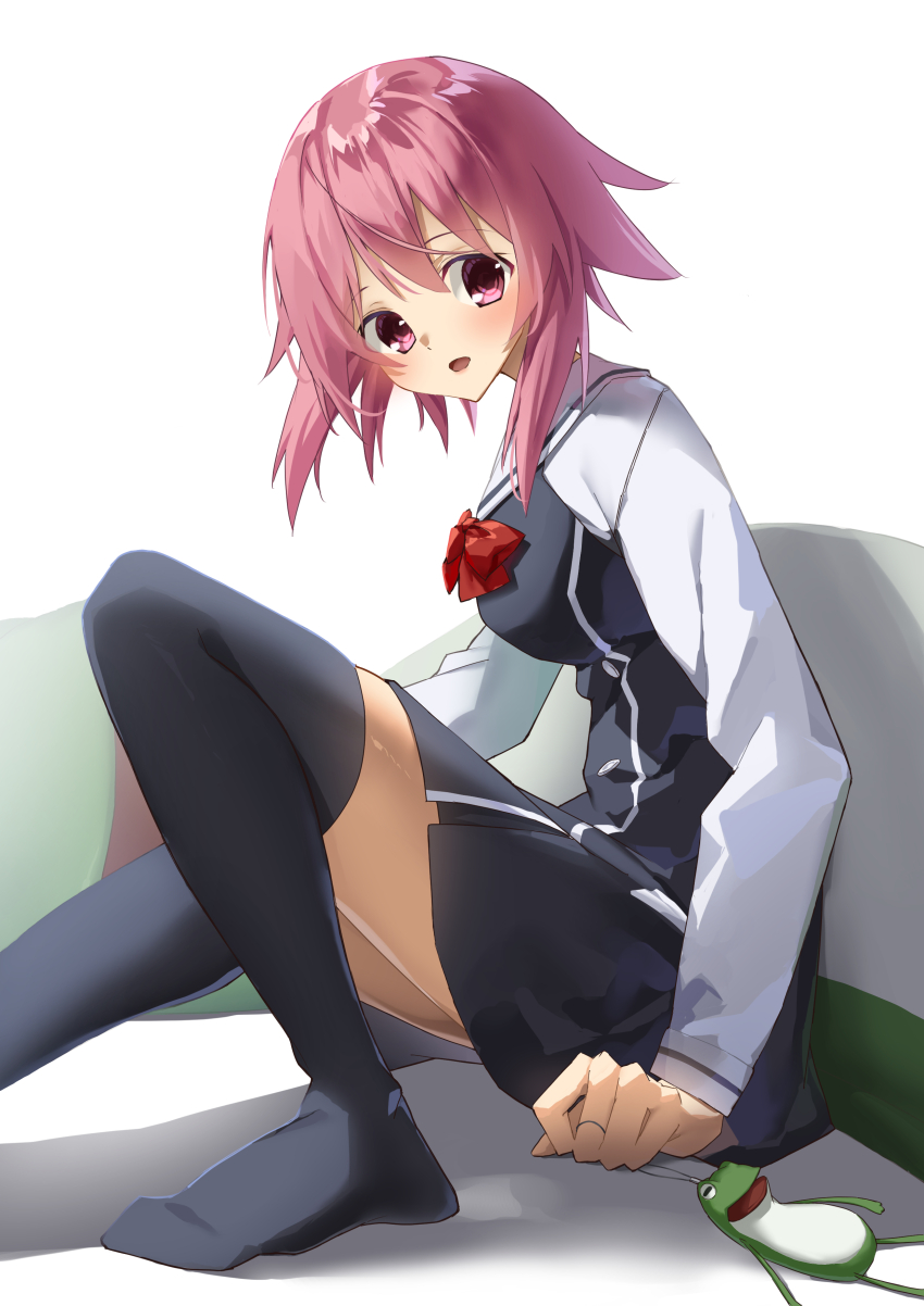 1girl :o absurdres arm_at_side black_dress black_thighhighs blush bow breasts chaos;child commentary dress foot_out_of_frame from_side gero-froggy highres knee_up long_sleeves looking_down medium_breasts medium_hair n_tarou no_shoes onoe_serika open_mouth pink_hair red_bow red_eyes sailor_collar school_uniform serafuku shirt short_dress simple_background sitting sleeveless sleeveless_dress solo spiked_hair thighhighs white_background white_sailor_collar white_shirt zettai_ryouiki