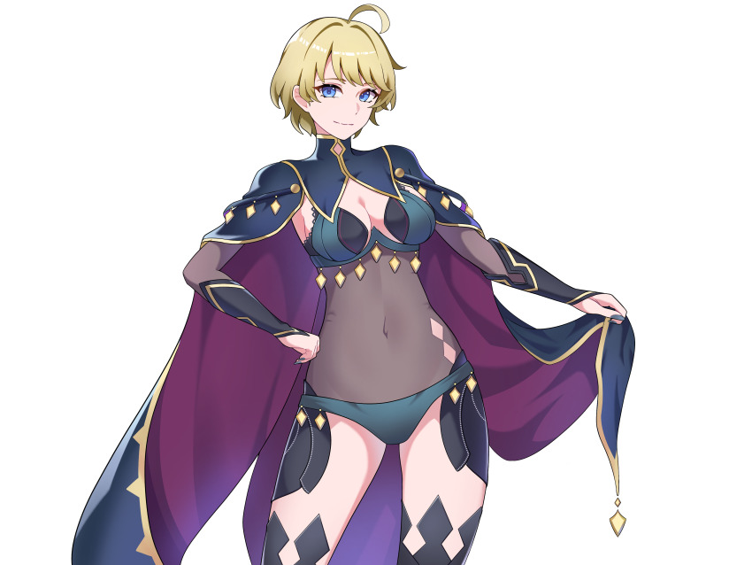 1girl absurdres ahoge alternate_costume bay_skecth black_bridal_gauntlets blonde_hair blue_cape blue_eyes blue_nails blue_panties bodystocking breasts bridal_gauntlets cape commission commissioner_upload cosplay dark_mage_(fire_emblem_fates) fire_emblem fire_emblem_engage fire_emblem_fates high-waist_sideboob highres looking_at_viewer medium_breasts merrin_(fire_emblem) messy_hair nail_polish nintendo non-web_source nyx_(fire_emblem) nyx_(fire_emblem)_(cosplay) panties revealing_clothes short_hair smile solo thighhighs transparent_background underwear