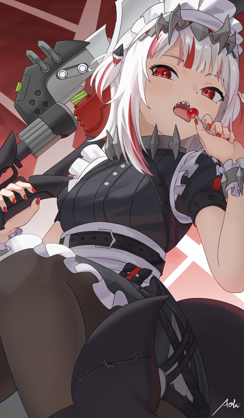 1girl absurdres aokii apron black_dress black_pantyhose blush candy cosplay dress ellen_joe ellen_joe_(cosplay) fins fish_tail food gawr_gura gun hair_ornament highres holding holding_candy holding_food holding_gun holding_lollipop holding_weapon hololive hololive_english lollipop looking_at_viewer maid maid_apron medium_hair multicolored_hair nail_polish open_mouth pantyhose red_eyes red_hair red_nails reflect_(gawr_gura) shark_girl shark_hair_ornament shark_tail sharp_teeth streaked_hair tail teeth tongue tongue_out two_side_up upper_teeth_only virtual_youtuber weapon white_hair zenless_zone_zero