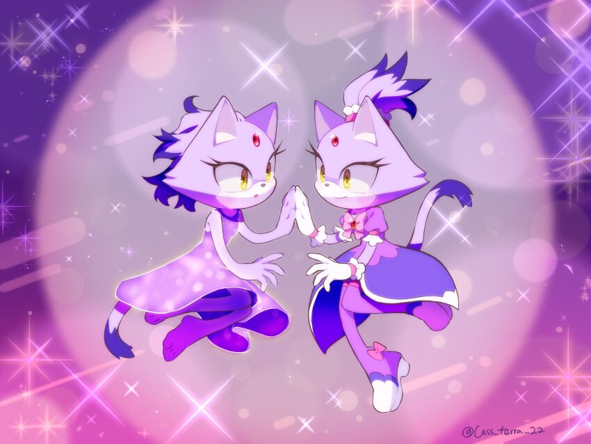 2girls animal_ears blaze_the_cat blaze_the_cat_(magical_girl) bow bowtie cass_terra_22 cat_ears cat_girl cat_tail commentary dress dual_persona forehead_jewel furry furry_female gloves highres magical_girl multiple_girls official_alternate_costume pink_bow pink_bowtie purple_dress purple_hair purple_theme short_ponytail smile sonic_(series) sonic_speed_simulator sparkle symbol-only_commentary tail white_gloves yellow_eyes