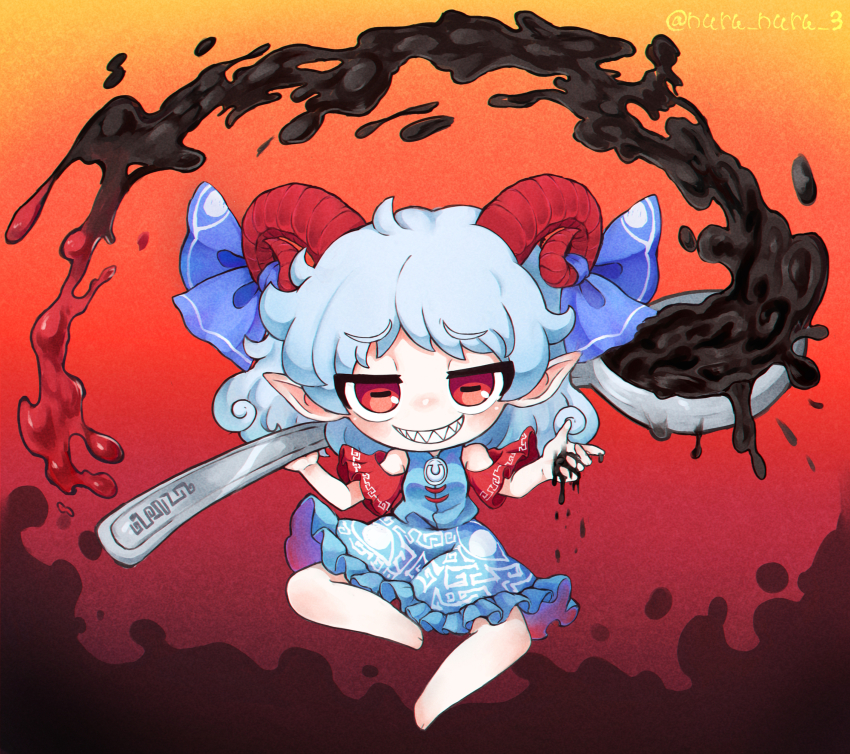 1girl absurdres barefoot blue_dress blush chibi dress full_body gradient_background grey_hair grin highres holding holding_spoon horizontal_pupils horn_ornament horn_ribbon horns looking_at_viewer medium_hair nuru_nuru_3 petroleum pointy_ears red_eyes ribbon sharp_teeth smile solo spoon teeth touhou toutetsu_yuuma