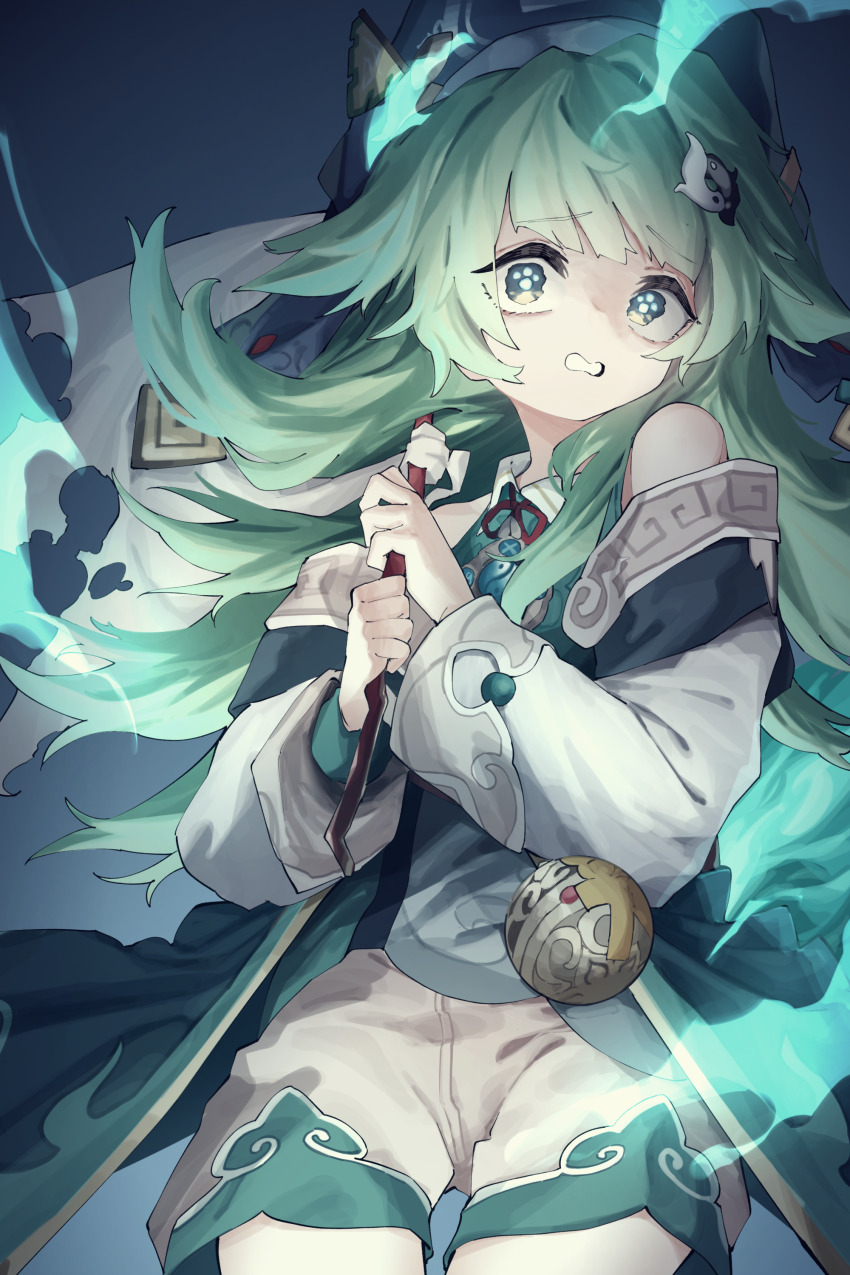 1girl absurdres animal_ears bare_shoulders blush flag fox_ears fox_girl green_eyes green_flag green_hair hair_ornament highres holding holding_flag honkai:_star_rail honkai_(series) huohuo_(honkai:_star_rail) long_hair long_sleeves looking_at_viewer paw-shaped_pupils scared shorts solo symbol-shaped_pupils talisman vivo_(vivo_sun_0222) white_flag white_shorts yin_yang yin_yang_hair_ornament