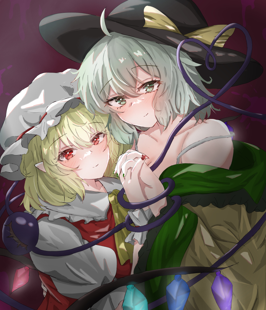 2girls absurdres ascot blonde_hair bowler_hat flandre_scarlet green_eyes green_hair hat highres holding_hands komeiji_koishi kuro75 looking_at_viewer mob_cap multiple_girls pointy_ears red_eyes touhou wide_brim yellow_ascot yuri