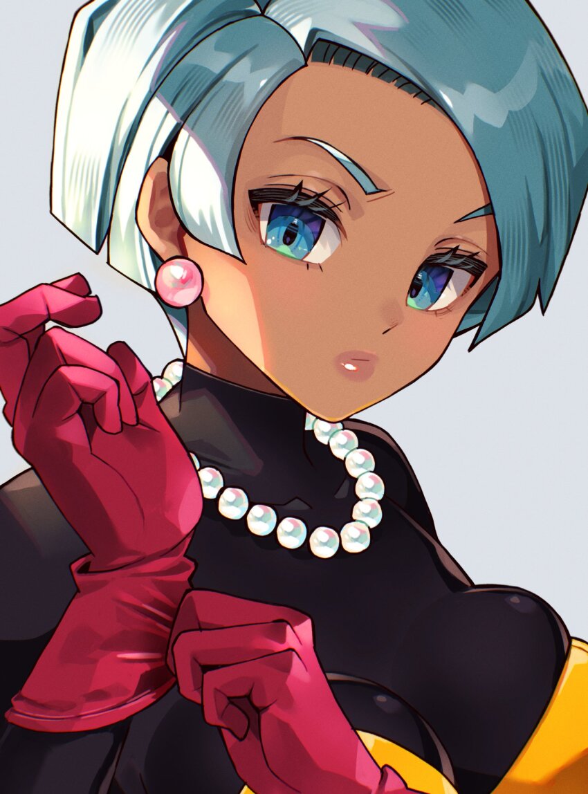 1girl bead_necklace beads black_bodysuit blue_eyes blue_hair bodysuit breasts closed_mouth commentary_request dark-skinned_female dark_skin dragon_quest dragon_quest_iii eyelashes gloves highres jewelry kuzuno_ha large_breasts looking_at_viewer necklace red_gloves short_hair solo teeth thief_(dq3) upper_teeth_only