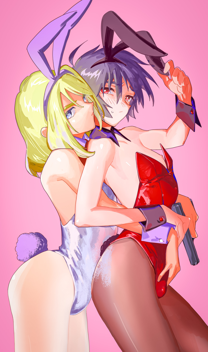 2boys absurdres animal_ears bare_shoulders blonde_hair blue_eyes blush bulge crossdressing detached_collar fake_animal_ears fake_tail from_side gun gundam gundam_seed gundam_seed_destiny highres holding holding_gun holding_weapon hug hug_from_behind leotard long_hair looking_at_viewer male_focus male_playboy_bunny multiple_boys pantyhose pink_background playboy_bunny rabbit_ears rabbit_tail red_eyes red_leotard rey_za_burrel shinn_asuka shiny_clothes short_hair shy strapless strapless_leotard tail tokumei_wombat trap trap_on_trap weapon white_leotard wrist_cuffs yaoi