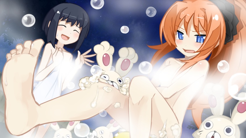 2girls :d attouteki_yuugi_mugen_souls attouteki_yuugi_mugen_souls_z barefoot bathing black_hair blue_eyes blush breasts brown_hair convenient_censoring dutch_angle closed_eyes feet game_cg holding izayoi_tsukika long_hair multiple_girls nanameda_kei nao_(mugen_souls) nude official_art one_eye_closed open_mouth ponytail shampuru sitting smile soap_bubbles steam steam_censor sweatdrop tears towel