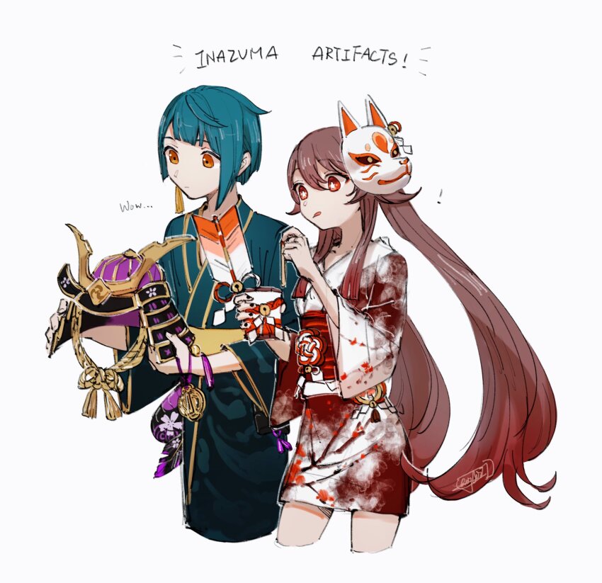 ! 1boy 1girl adapted_costume alternate_costume armor asymmetrical_bangs blue_hair blue_kimono brown_hair commentary cropped_legs cup earrings english_commentary english_text eyeliner flower-shaped_pupils genshin_impact gradient_hair hair_between_eyes hazel0217 helmet highres holding holding_cup holding_helmet hu_tao_(genshin_impact) japanese_armor japanese_clothes jewelry kabuto_(helmet) kimono makeup miniskirt multicolored_clothes multicolored_hair multicolored_kimono obi orange_eyes red_eyeliner red_eyes sash signature simple_background single_earring skirt symbol-shaped_pupils tassel tassel_earrings tongue tongue_out twintails white_background xingqiu_(genshin_impact)