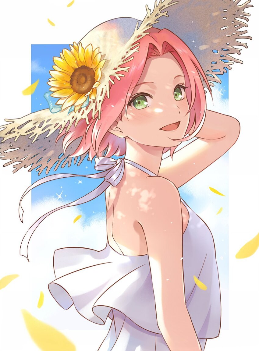 1girl arm_up back bare_arms bare_shoulders blue_sky cloud cloudy_sky dress falling_leaves flower flower_in_hat frilled_dress frills from_side green_eyes haruno_sakura hat highres leaf light_blush looking_at_viewer looking_to_the_side multicolored_background naruto_(series) open_mouth outdoors parted_bangs pink_hair short_hair sky solo standing straw_hat sunflower usao_(313131) white_background white_dress