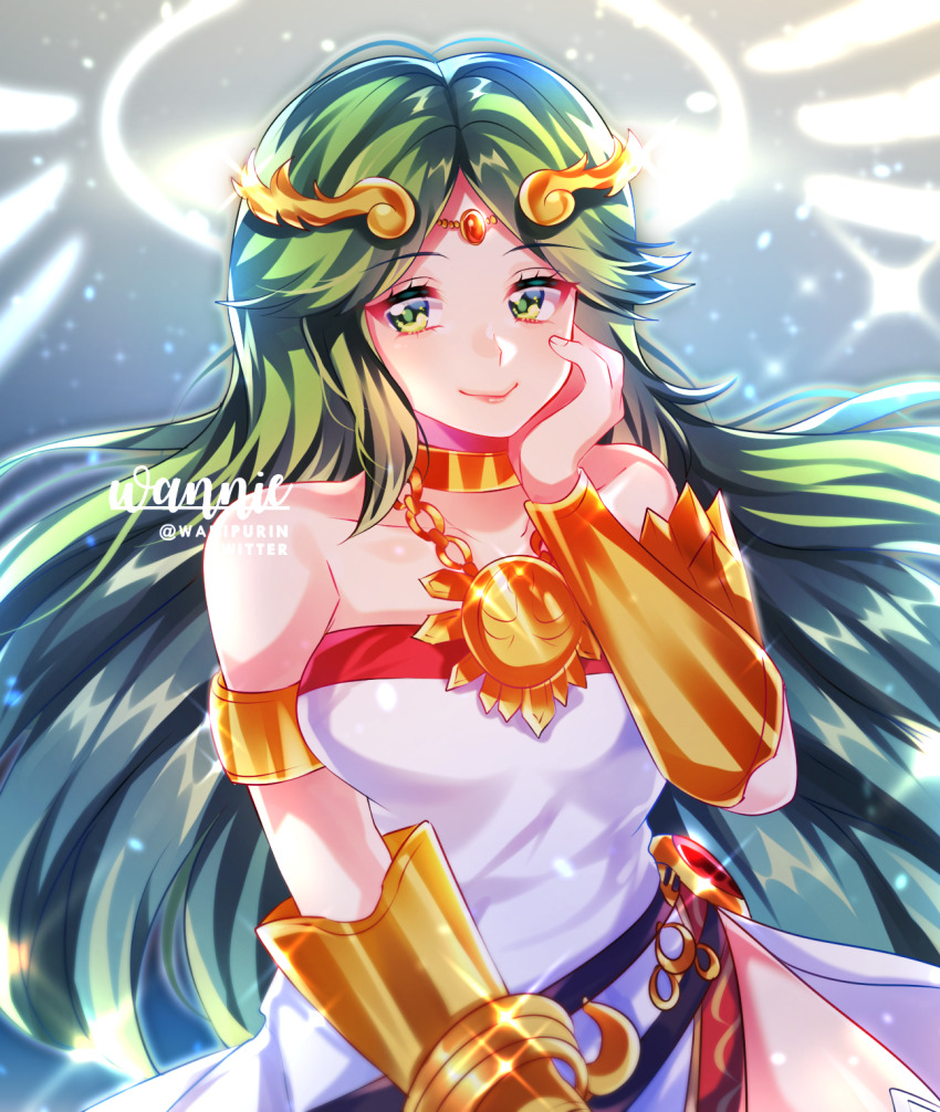 artist_logo breasts chain circlet collarbone commission gold_chain green_eyes green_hair highres kid_icarus kid_icarus_uprising logo looking_at_viewer nintendo palutena solo sparkle vambraces yuyu_(yuyupurinn)