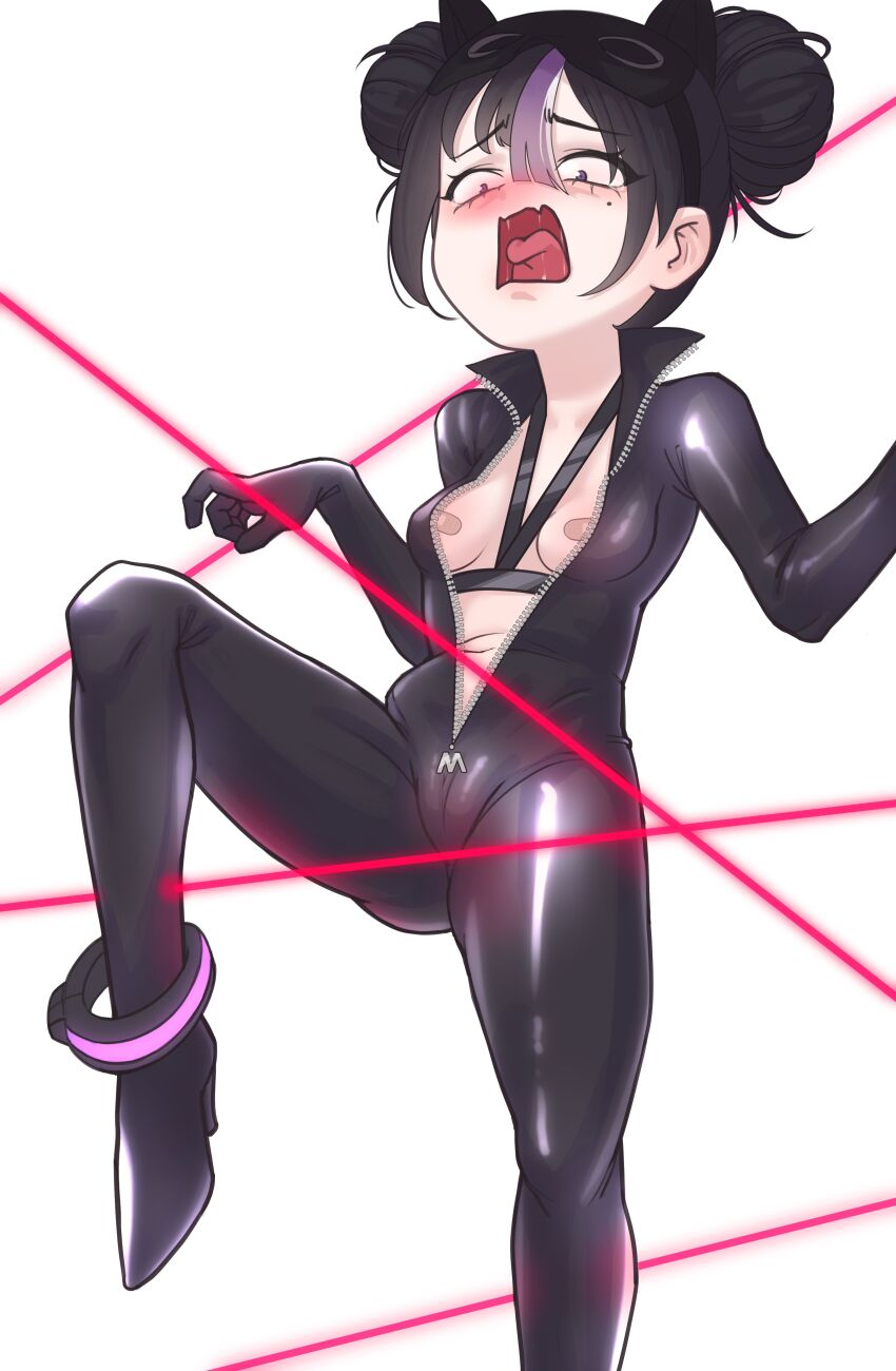 1girl absurdres bandaid bandaids_on_nipples black_bodysuit black_hair bodysuit breasts cchiii double_bun goddess_of_victory:_nikke hair_between_eyes hair_bun highres laser latex latex_bodysuit mole mole_under_eye multicolored_hair open_mouth pasties purple_eyes purple_hair simple_background small_breasts solo streaked_hair syuen_(nikke) tongue tongue_out unzipped white_background zipper zipper_pull_tab