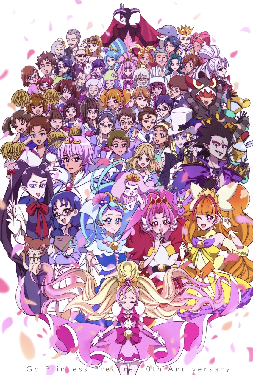 6+boys 6+girls absurdres aihara_yuuki_(go!_princess_precure) akagi_towa amanogawa_kirara amanogawa_stella anniversary aroma_(go!_princess_precure) azuma_seira beard black_bow black_bowtie black_hair blonde_hair blue_eyes blue_hair book bow bowtie brown_eyes brown_hair cat character_request close_(go!_princess_precure) closed_eyes collar commentary copyright_name crown cure_flora cure_mermaid cure_scarlet cure_twinkle dolphin dress dyspear earrings everyone facial_hair flower freeze_(go!_princess_precure) glasses gloves go!_princess_precure green_hair grey_hair hair_bow hair_over_eyes hairband haruno_haruka haruno_ibuki haruno_moe hat highres holding holding_book holding_microphone holding_pom_poms holding_tennis_racket hope_kingdom_queen ichijou_ranko ijuuin_kimimaro jewelry kaidou_masumi kaidou_minami kaidou_tsukasa kaidou_wataru kisaragi_reiko koshiba_naoto kuroro_(go!_princess_precure) lock_(go!_princess_precure) magical_girl microphone miss_siamour miss_siamour_(human) mochizuki_yume multicolored_hair multiple_boys multiple_girls mustache nanase_yui necktie nishimine_ayaka noble_academy_school_uniform one_eye_closed open_mouth orange_hair petals pink_bow pink_hair pointy_ears pom_pom_(cheerleading) pom_poms pre_greenblue precure prince_kanata puff_(go!_princess_precure) purple_eyes purple_hair racket red_bow red_hair red_necktie school_uniform shirogane_(go!_princess_precure) shut_(go!_princess_precure) sketchbook skirt smile stop_(go!_princess_precure) sunglasses tennis_racket tina_(go!_princess_precure) top_hat twintails white_cat white_gloves white_hair