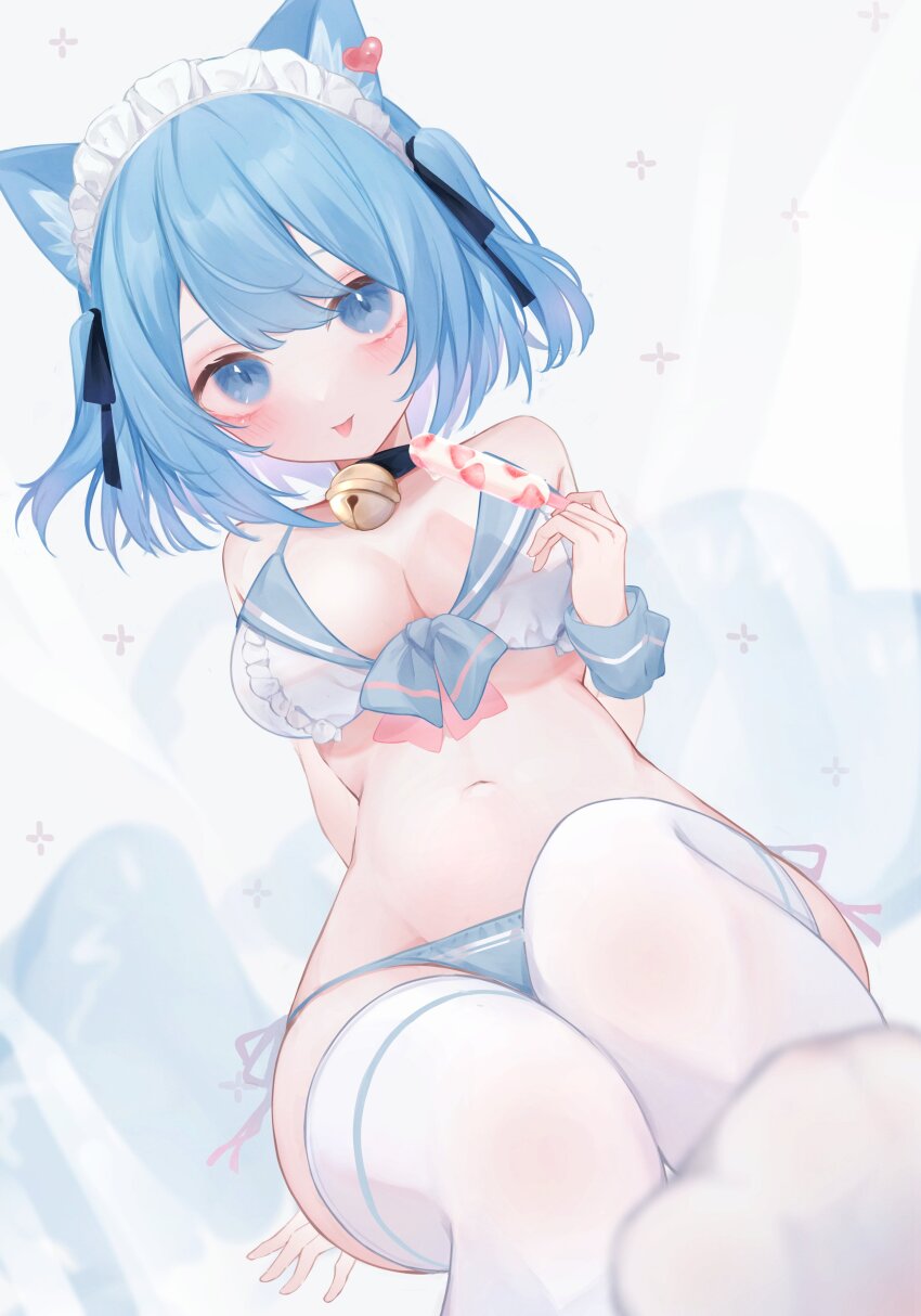 1girl absurdres adapted_costume animal_ears bell bikini black_choker black_ribbon blue_eyes blue_hair blue_sailor_collar blush breasts choker cleavage commentary_request dog_ears dog_girl foot_out_of_frame fruit_popsicle hair_ribbon highres irisu-chan_(yumemiruk) jingle_bell large_breasts looking_at_viewer maid_headdress nanashi_inc. neck_bell no_shoes ribbon sailor_bikini sailor_collar short_hair solo souya_ichika souya_ichika_(2nd_costume) swimsuit thighhighs toes tongue tongue_out two_side_up virtual_youtuber white_bikini white_thighhighs