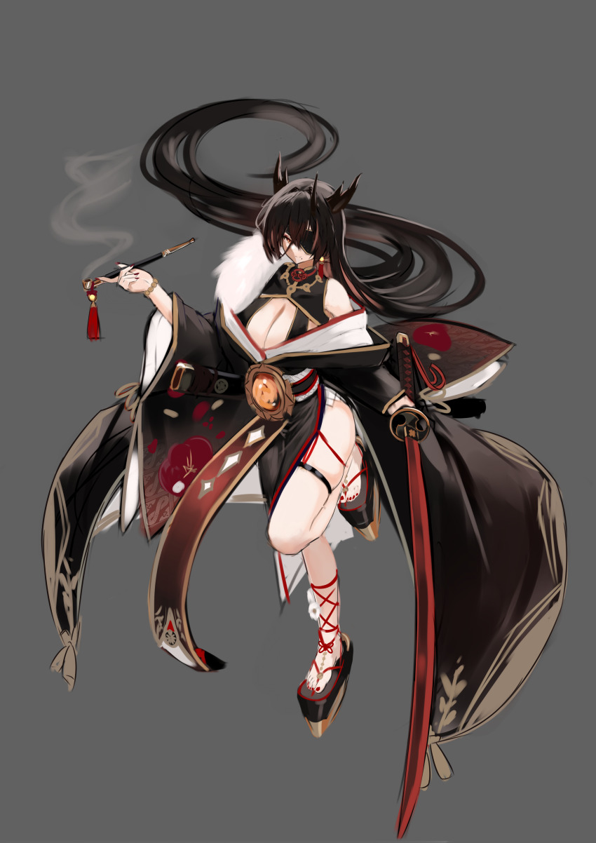 1girl absurdly_long_hair absurdres bare_shoulders black_hair black_horns black_kimono breasts chiyu1182 cleavage commentary english_commentary eyepatch grey_background hair_over_one_eye highres holding holding_smoking_pipe holding_sword holding_weapon horns japanese_clothes kimono large_breasts long_hair long_sleeves platform_footwear sheath simple_background smoke smoking_pipe solo sword thigh_strap unsheathed very_long_hair weapon wide_sleeves world_of_warships