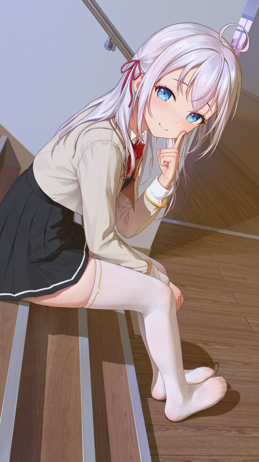 1girl absurdres ahoge alisa_mikhailovna_kujou black_skirt blue_eyes blush bow bowtie brown_shirt closed_mouth collared_shirt commentary dorsiflexion highres himitsu_(hi_mi_tsu_2) index_finger_raised indoors long_hair long_sleeves looking_at_viewer no_shoes pleated_skirt railing red_bow red_bowtie see-through_clothes see-through_legwear shadow shirt sidelocks sitting skindentation skirt solo stairs thighhighs tokidoki_bosotto_roshia-go_de_dereru_tonari_no_alya-san white_thighhighs