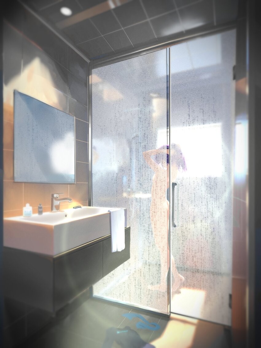 1girl a-chan_(hololive) bathroom black-framed_eyewear black_shirt blue_hair clothes_on_floor cohi27151463 full_body glasses highres holding holding_own_hair hololive indoors mirror nude shirt shower_(place) showering silhouette solo unworn_eyewear virtual_youtuber