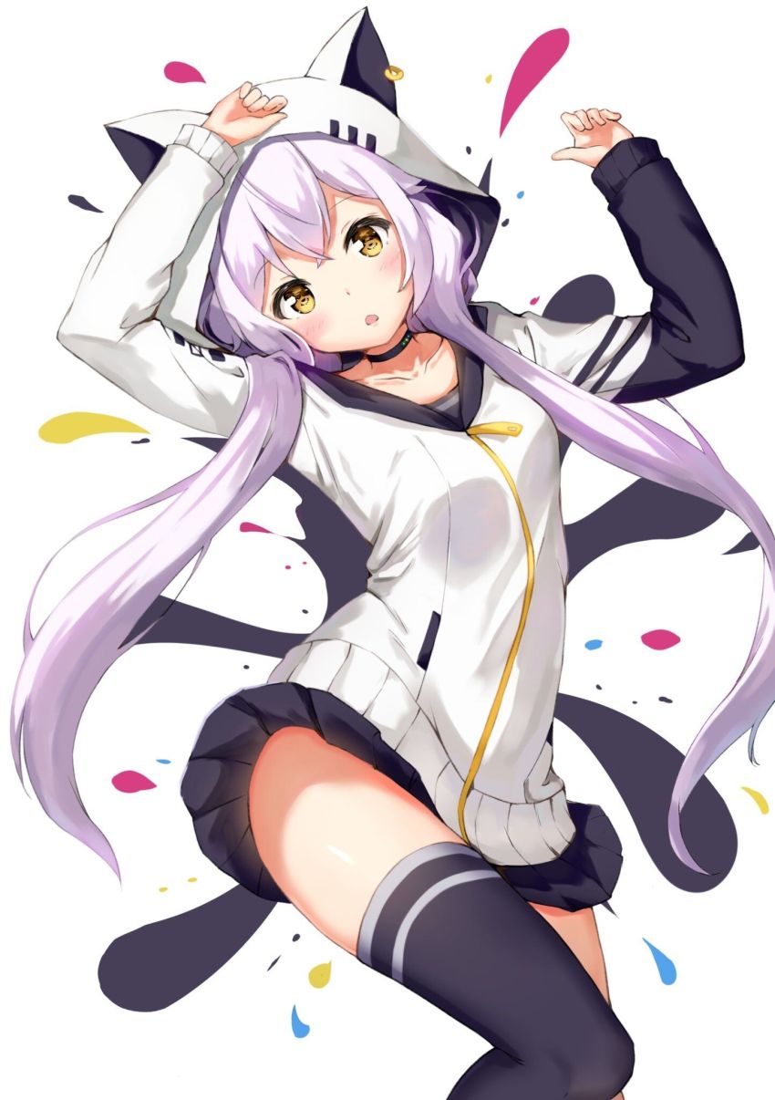 1girl animal_ears animal_hood arms_up azuma_lim black_choker black_skirt black_thighhighs blush breasts brown_eyes cat_ears cat_hood choker collarbone commentary_request cyber_v ear_piercing fake_animal_ears hair_between_eyes highres hood hood_up hooded_jacket jacket lemon_tea_(15058751917) long_hair long_sleeves low_twintails piercing pleated_skirt purple_hair skirt small_breasts solo thighhighs twintails very_long_hair virtual_youtuber white_background white_jacket