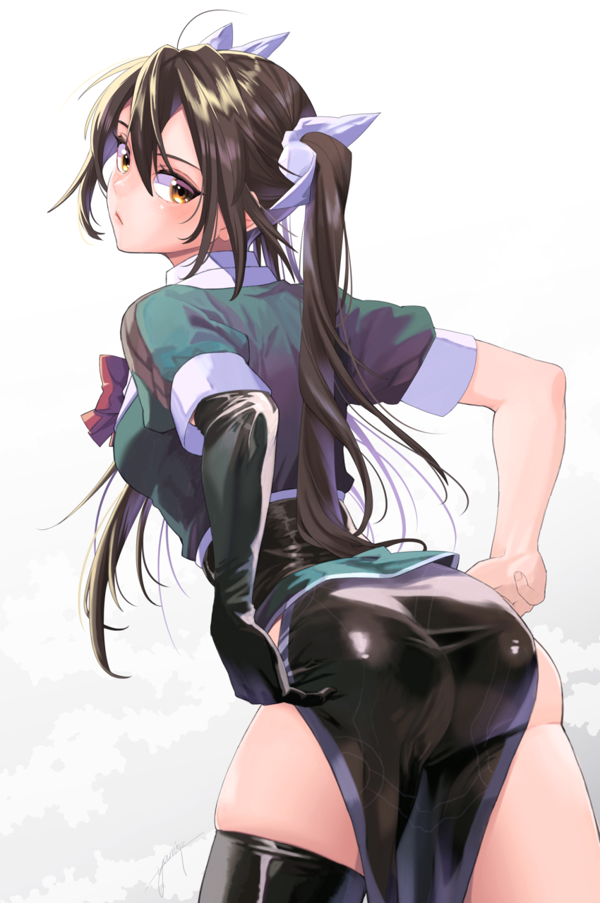 1girl ass ass_focus asymmetrical_legwear black_hair butt_crack elbow_gloves gloves green_shirt hair_ribbon highres kantai_collection long_hair looking_back ribbon shirt skirt thighhighs tone_(kancolle) twintails uneven_legwear white_background yami_(m31)