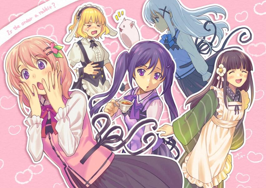 &gt;_&lt; 5girls :d ^_^ ama_usa_an_uniform animal_ears apron backlighting black_skirt black_wrist_cuffs blonde_hair blue_apron blue_eyes blue_hair blunt_bangs blush breasts brown_hair buttons closed_eyes collared_shirt copyright_name cowboy_shot cup dot_nose double-breasted fleur_de_lapin_uniform floating_hair flower frilled_hairband frilled_shirt frills furrowed_brow gochuumon_wa_usagi_desu_ka? hair_flower hair_ornament hairband hairclip hands_on_own_face hands_up highres holding holding_cup long_hair long_sleeves lop_rabbit_ears maid_headdress medium_hair multiple_girls natsuki_nazuna notice_lines open_mouth orange_hair outline pink_apron pink_background profile puffy_short_sleeves puffy_sleeves purple_apron purple_eyes rabbit_ears rabbit_house_uniform raised_eyebrow shirt short_sleeves simple_background skirt small_breasts smile surprised sweatdrop tippy_(gochiusa) twintails white_apron white_outline white_shirt wide_sleeves winter_uniform wrist_cuffs