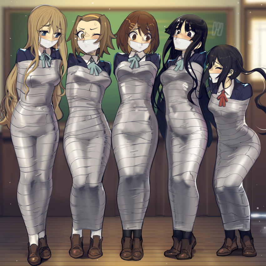 5girls ^_^ akiyama_mio bdsm black_hair blue_eyes blue_jacket bondage bound brown_eyes brown_hair cad_(caddo) closed_eyes covered_navel forehead gag gagged grey_ribbon hairband highres hirasawa_yui ho-kago_tea_time improvised_gag indoors jacket k-on! kotobuki_tsumugi long_hair multiple_girls nakano_azusa neck_ribbon ribbon standing tainaka_ritsu tape tape_gag very_long_hair yellow_hairband