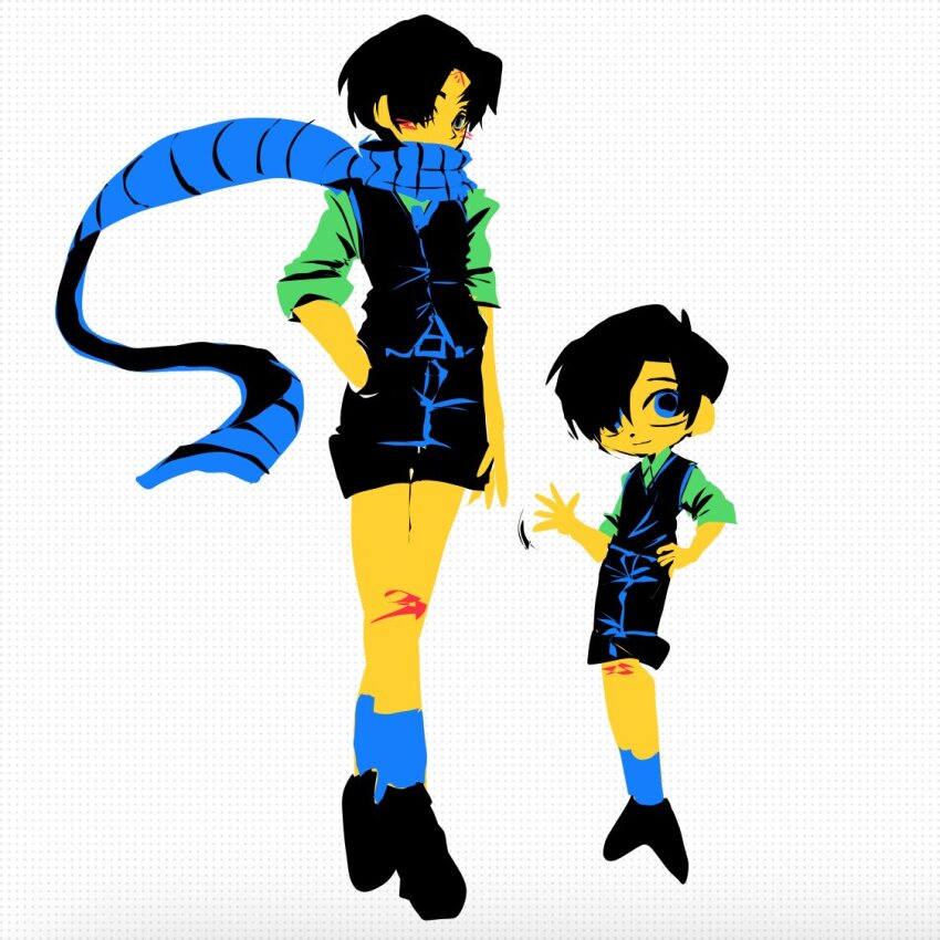 1boy black_hair black_shorts black_vest blue_eyes blue_scarf colored_skin demian_(project_moon) full_body green_shirt hand_in_pocket limbus_company limited_palette long_sleeves multiple_views no_lineart parted_bangs project_moon scarf shirt shorts simple_background vancho_vakurets vest white_background yellow_skin