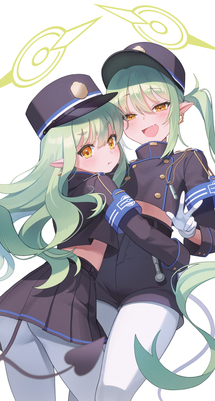 2girls absurdres black_hat black_jacket black_shorts black_skirt black_tail blue_archive blush buttons closed_mouth demon_tail double-breasted earrings fang green_hair hat highres hikari_(blue_archive) jacket jewelry long_hair long_sleeves multiple_girls newthi nozomi_(blue_archive) open_mouth pantyhose peaked_cap pleated_skirt pointy_ears shorts simple_background skin_fang skirt smile tail white_background white_pantyhose yellow_eyes